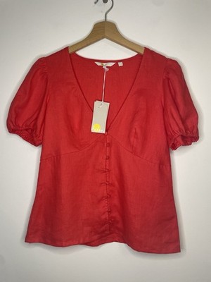 Boden 100% Leinen Oberteil Damen 8 rot Knopfleiste Kurzarm Bluse