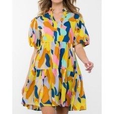 THML Abstract Print Tiered Mini Dress Puff Sleeve Colorful Boutique Small NWT