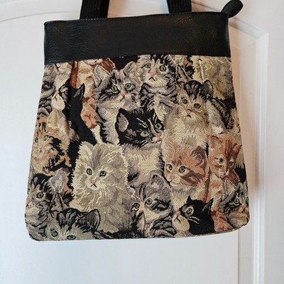 Vintage Cat Tapestry Tote Bag Faux Leather Trim Black Woven Kitten Shoulder Bag