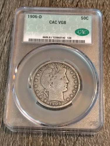 1906-D 50¢ Barber Half Dollar CACG VG8  Graded Coin VG08 U.S. Mint 50c CAC