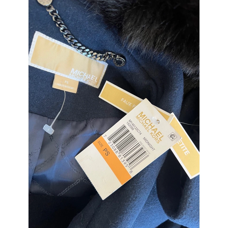 全新带标签 $665 Michael Kors 海军蓝腰带 FAUX FUR 大衣 PS PETITE 小号 — 第 4/4 张图片