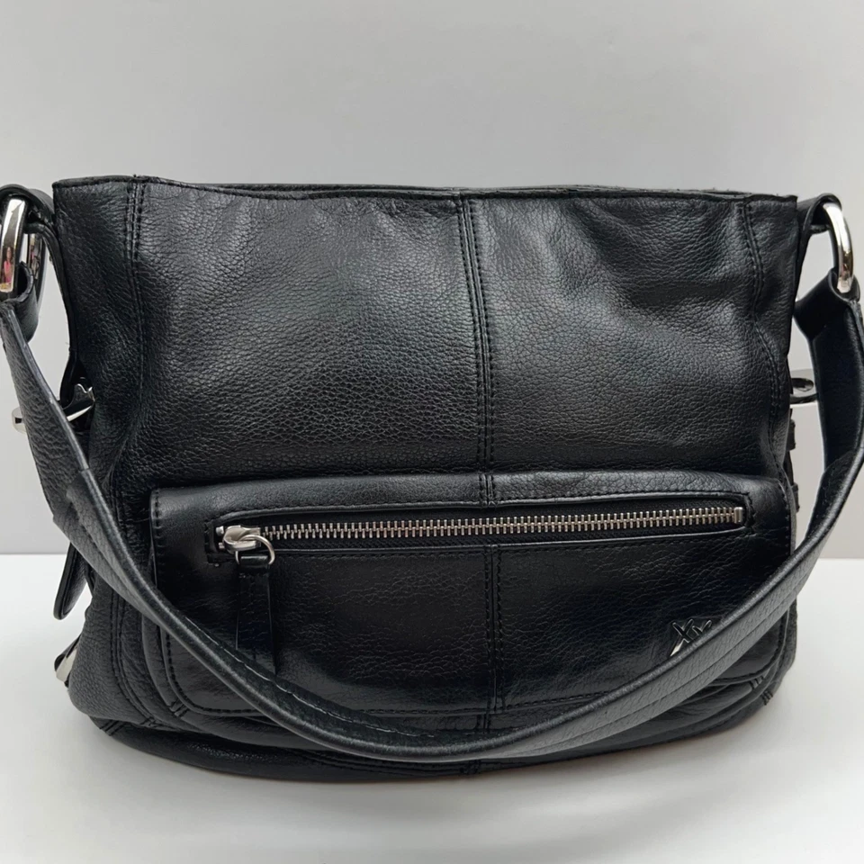 MAXX New York Black Leather Hobo Bag Pebble Shoulder Purse Chunky Buckle Accent - Image 2 of 4