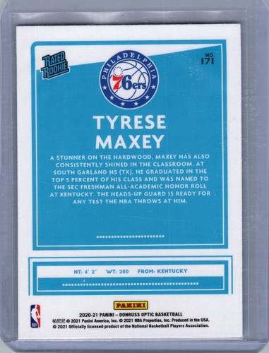 2020-21 Donruss Optic #171 Tyrese Maxey Rookie Card Philadelphia 76ers - Picture 2 of 2