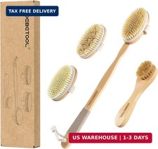 Dry Brushing Set - Natural Boar Bristle Body  Face Brush, Wooden Long Handle Sc
