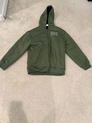 DKNY youth Green Solid Full Zip Hooded Hoodie Sweatshirt Logo Pockets L 