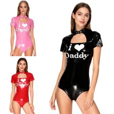 Women's Leather Short Sleeve Cutout Bodysuit with Alluring Letter Print Choker