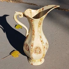 VTG Metal Rococo Baroque Ornate Cream Pitcher Jug Ewer Scrolling Gilt Floral 15"