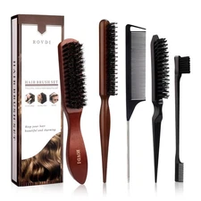 5pcs/Set Deluxe Boar Bristle Hair Brush & Comb Set - Unisex Edge Control Styl...