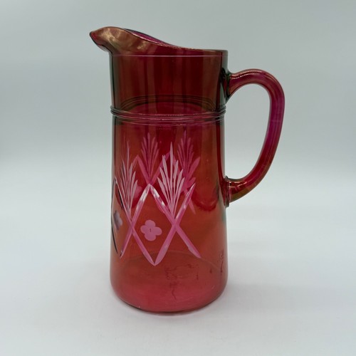 Antique European Ruby Red Overlay Glass Pitcher With Etched Wheat Pattern - Picture 5 of 8