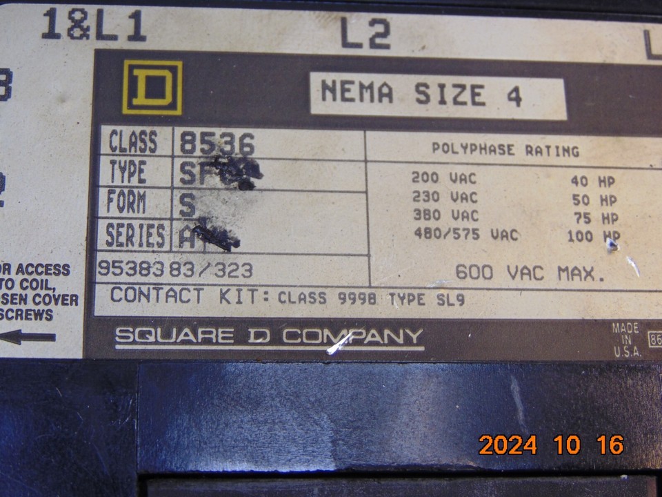 Square D 8536 SF01 Contactor Heater Motor Starter Nema Size 4 100Hp