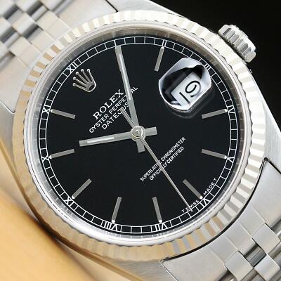 ROLEX MENS DATEJUST 16234 BLACK DIAL 18K WHITE GOLD STAINLESS STEEL WATCH