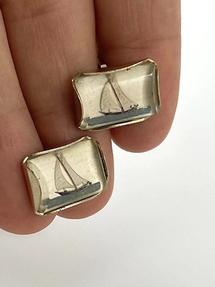 Vintage Manschettenknöpfe PIONEER Maritim Segelboot Segelboot Reverse Kristall - Bild 3 von 4