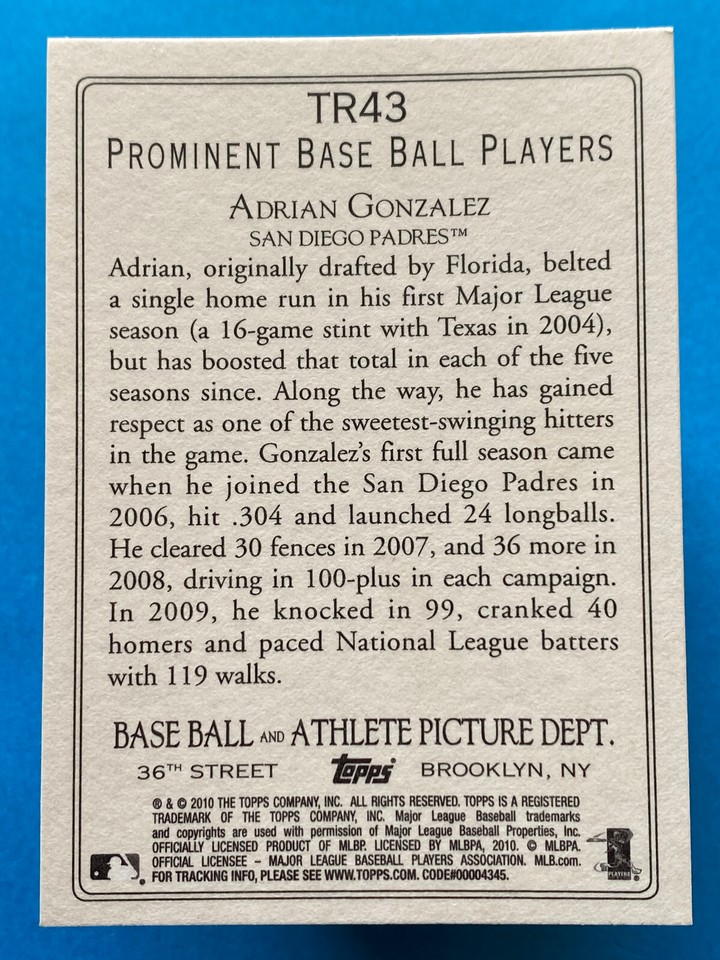 2010 Topps Turkey Red Adrian Gonzalez #TR43 San Diego Padres | eBay
