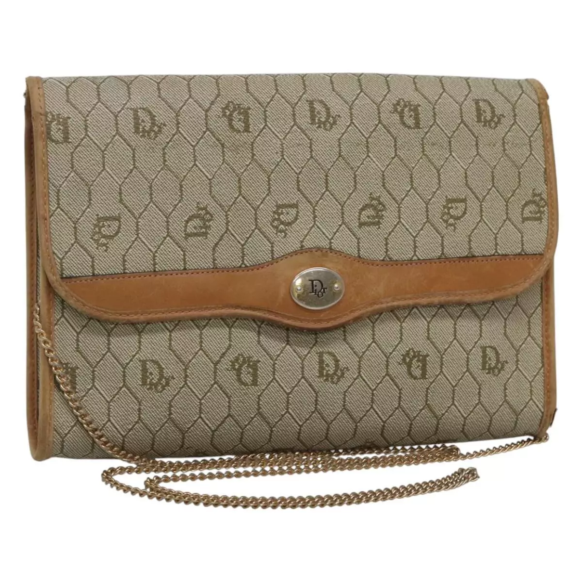Christian Dior sac à bandoulière chaîne toile nid d'abeille PVC cuir beige authentique ti2898