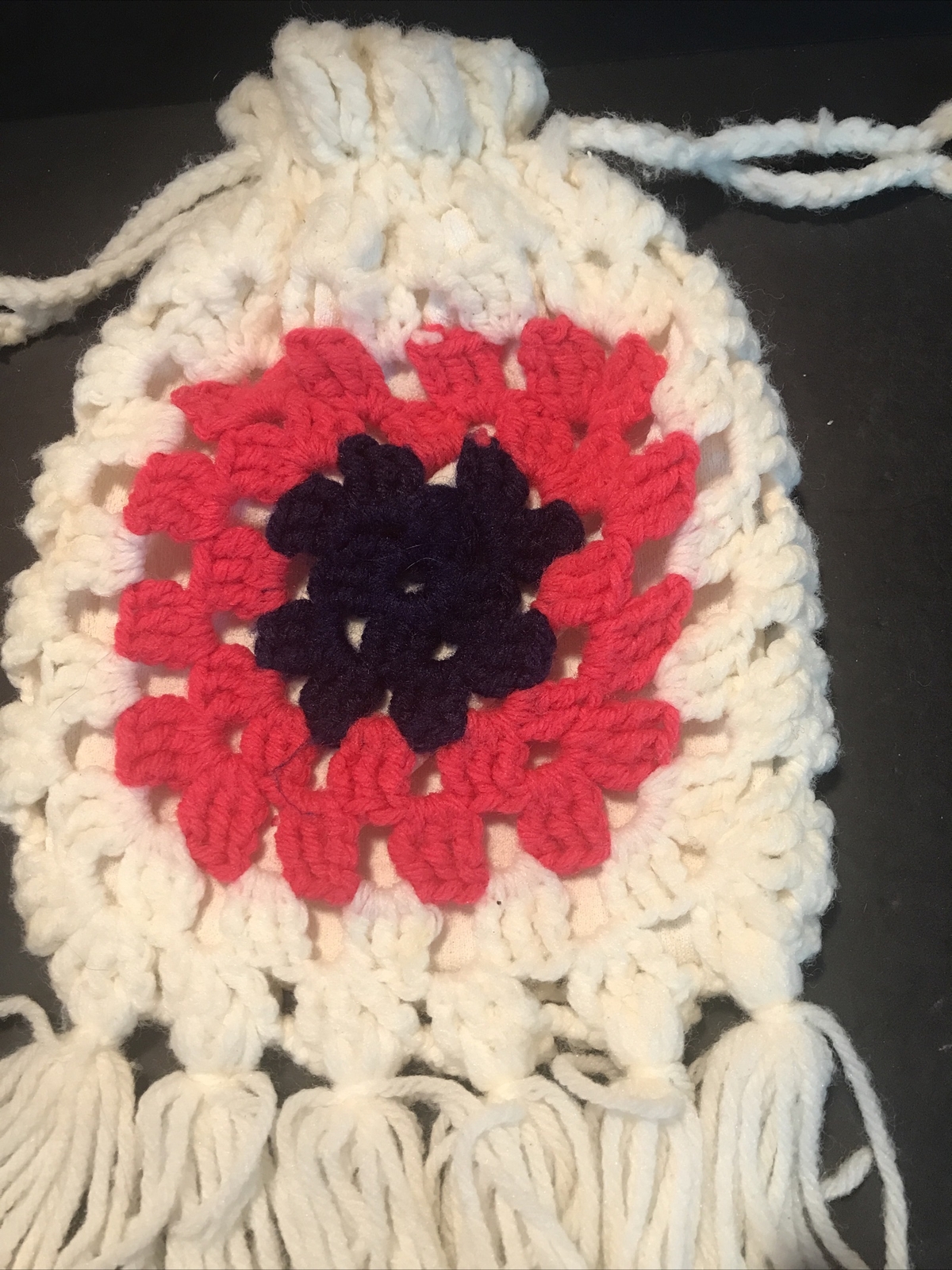 Hand Crocheted Granny Square Drawstring Purse Whi… - image 3