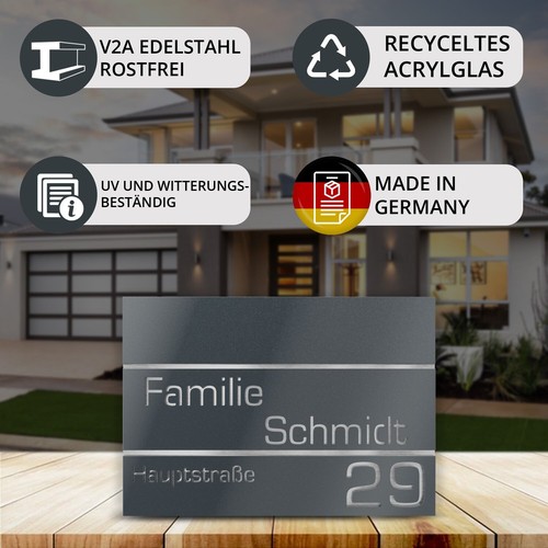 Graviers Hausname und Hausnummer Türschild aus V2A Edelstahl Anthrazit anpassbar - Bild 4 von 49