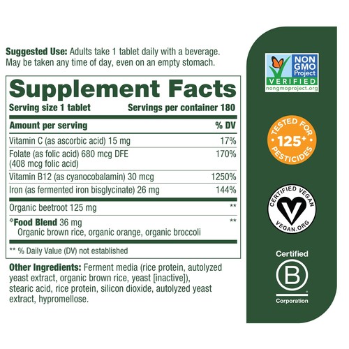 MegaFood Blood Builder 180 Tabs - Energía, Hierro, Vitaminas C, B12, Ácido Fólico - Imagen 2 de 2