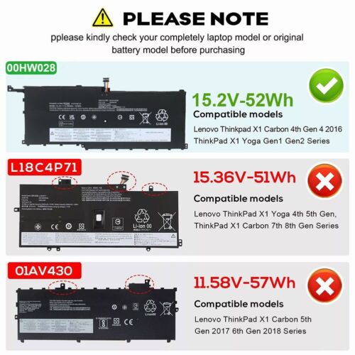 00HW028 00HW029 BATTERY FOR LENOVO THINKPAD X1 CARBON 1ST 2ND 4TH GEN 2016 52WH - Picture 2 of 12