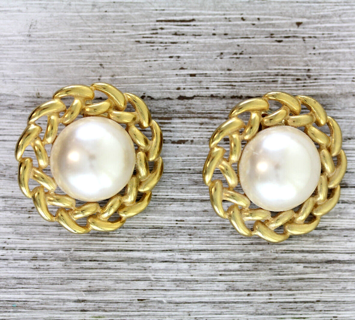 VINTAGE BIG BOLD GOLD CHAIN PEARL EARRINGS CLIP 1980'S RETRO COSTUME  JEWELRY