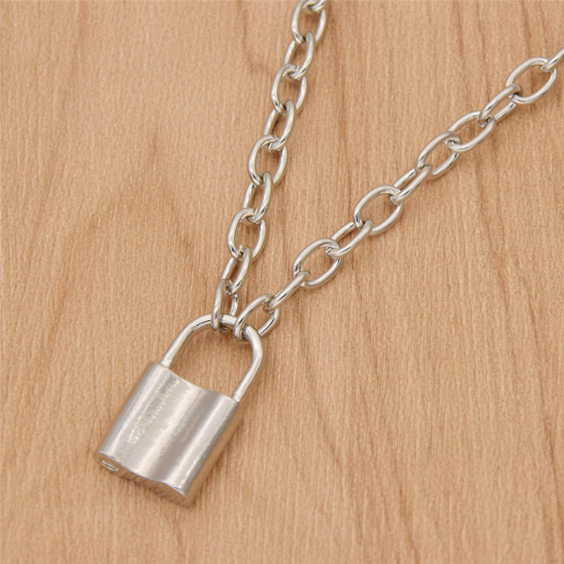 Men Women Alloy Square Lock Pendant Necklace Padlock Silver Chain