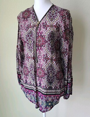 Eclectic Funky Zipper Womens Shirt Colorful Paisley Pink Balloon Sleeve Artsy