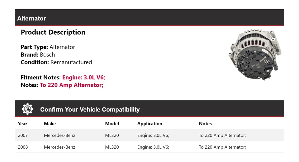 Alternador Bosch para Mercedes ML320 2007-2008 3,0 L V6 (remanufacturado) Foto 2 de 4