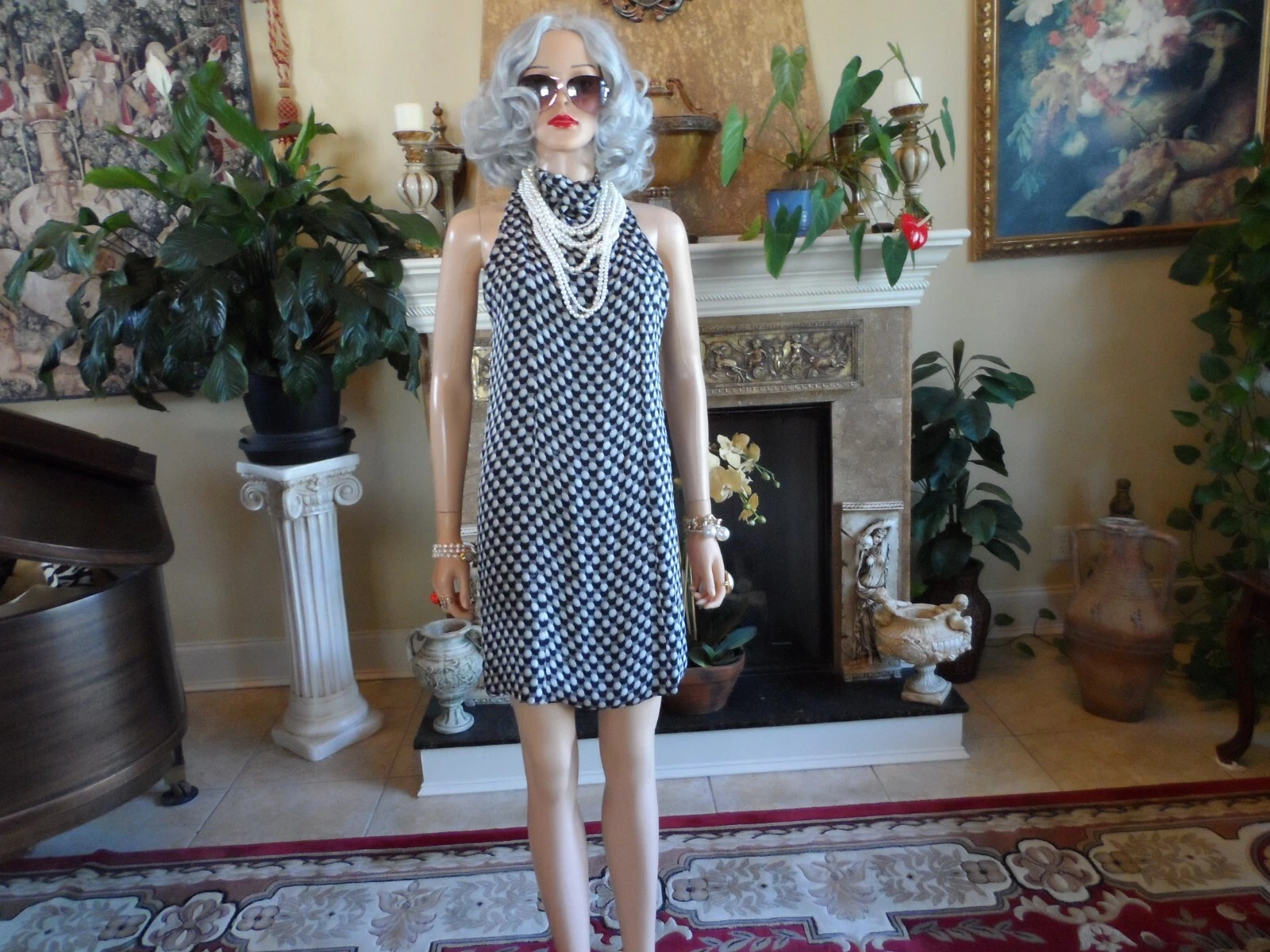 Abito Gucci grigio nero stampa 100% seta collo alto guscio taglia IT 40 US 4