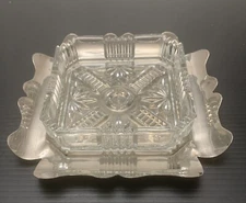 Vintage Crystal Square Ashtray Dish W/Stainless Steel England Clear Cut Glass 4”