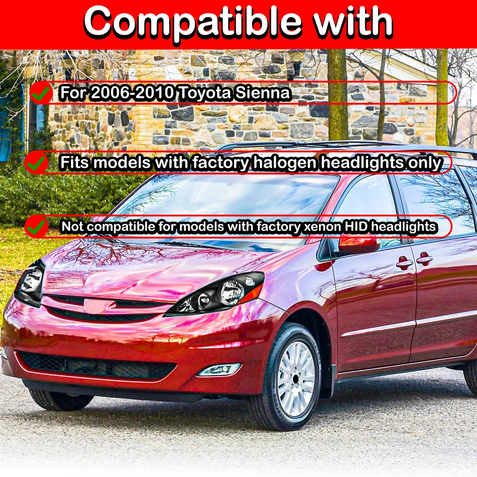 Fit For 2006-2010 Toyota Sienna Halogen Black Headlights HeadLamps Assembly — 第 2/4 张图片