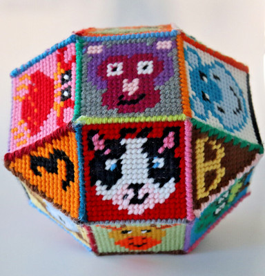 NEEDLEPOINT KIT DIY 26 SIDED BLOCK SHAPE YARN CANVAS INSTRUCTIONS ALL INCLUDED