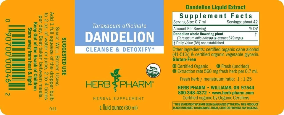 Suplemento herbal líquido desintoxicación extracto de diente de león orgánico Herb Pharm 1 fl oz Foto 2 de 4