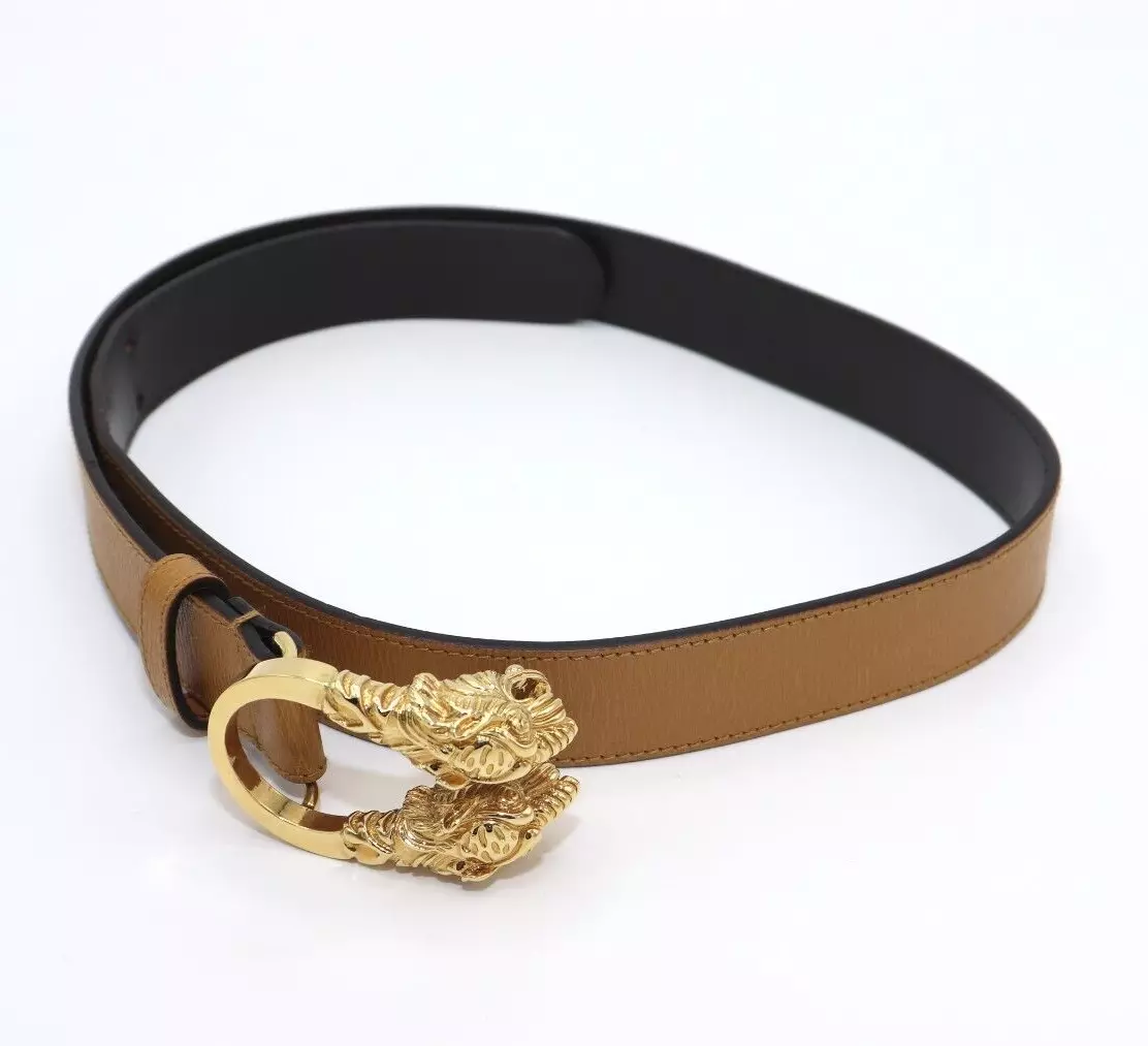 Authentique ceinture en cuir GUCCI double boucle tête de tigre 70・28・037・1766・1424 beige