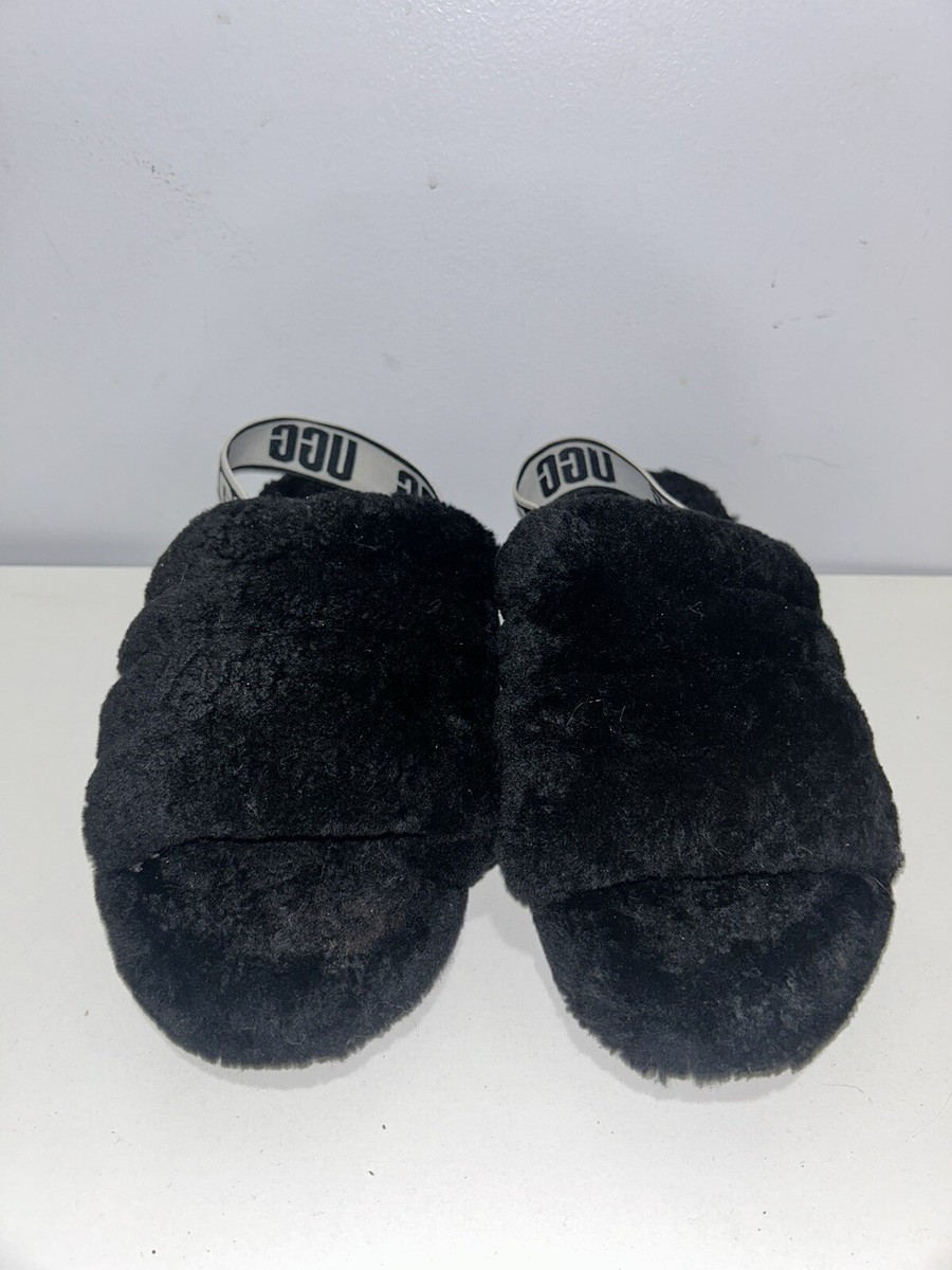 UGG WOMEN'S SUPER FLUFF SLIPPER -OPEN TOE- BLACK– SIZE 6 US – USED