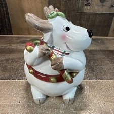 New FITZ & FLOYD Plaid Christmas Candy Jar-Deer Hand Crafted 5 3/4’’ Tall