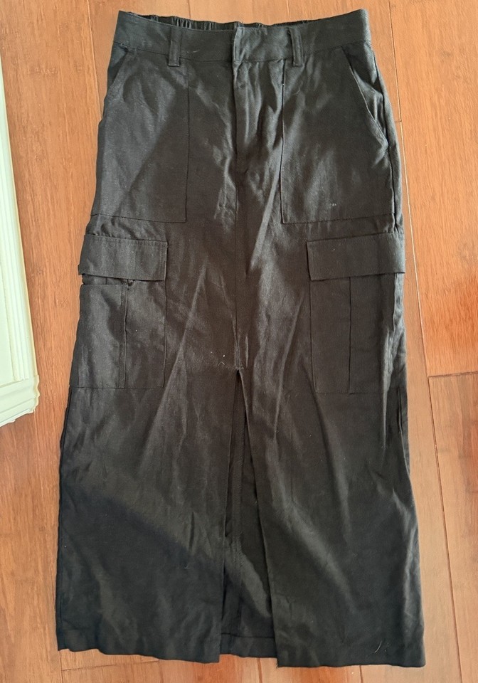Ladies Black Linen Blend Skirt Size 8 Straight Front Split 