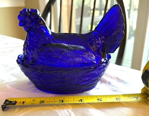 Vintage Cobalt Blue Depression Style Glass Hen on Nest Chicken 5"x6"