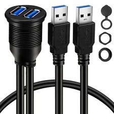 BATIGE 2 Ports Dual USB 3.0 Male to Female AUX Flush 1pcs 1ft, Black