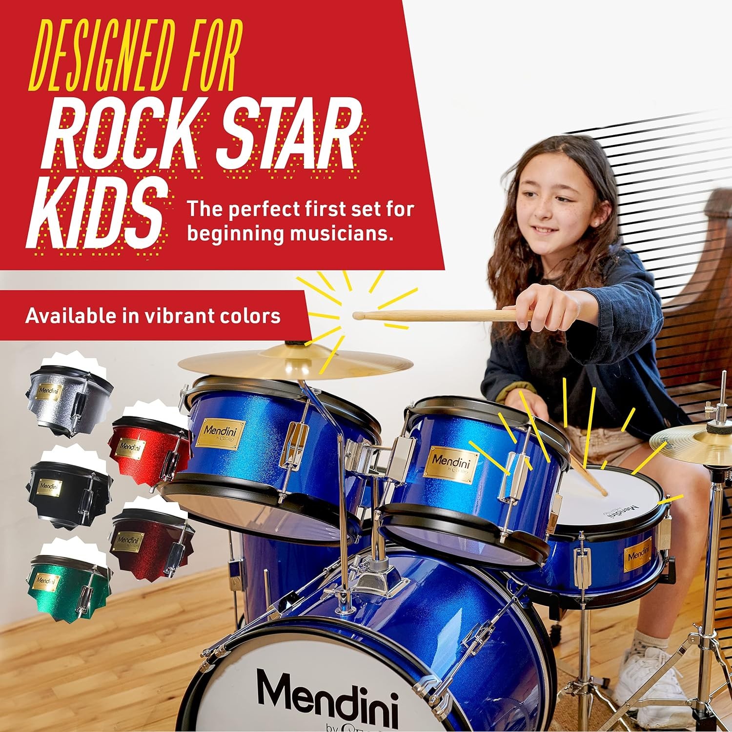 Mendini Kids Starter Drum Set 5 Piecew/ Bass, Toms, Snare - Blue Metallic