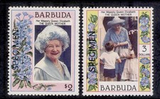 BARBUDA QEII SG781-782, 1985 Queen mother $2 + $3 SPECIMENT PAIR, NH MINT.