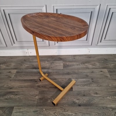 Vintage Stil Beistelltisch C-Form Couchtisch - Nussbaum Optik Platte Metallgestell