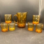 Vintage Amber Thumbprint Water Pitcher with 6 Tumblers Glasses