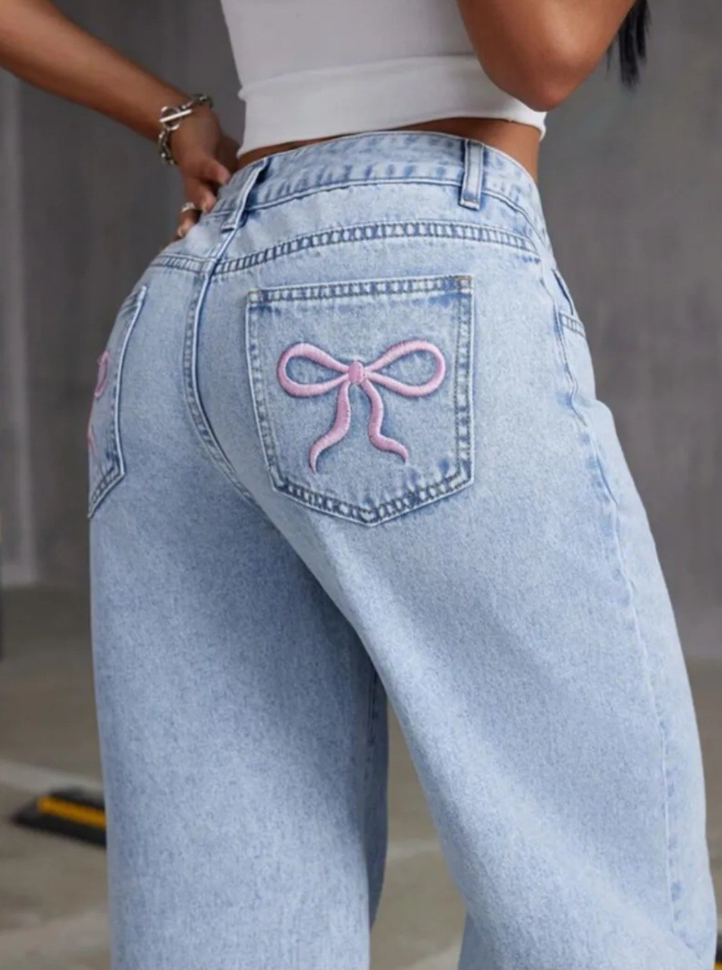 Women's Wide-Leg Light Blue Denim Jeans with Embroidered Bow Pockets