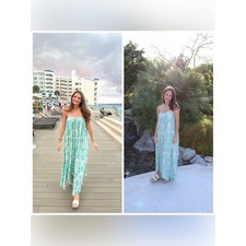 BHLDN Pleated Square Neck Strappy Maxi Dress Blue Beige Floral