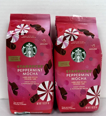 Starbucks Peppermint Mocha Ground Coffee Light Roast 11 oz 2 Bags LIMITED TIME