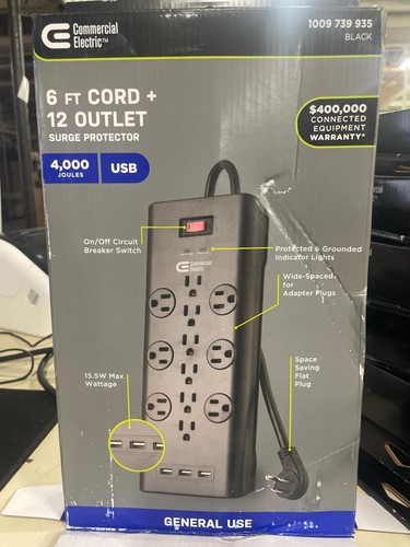 Protector contra sobretensiones eléctrico comercial de 6 pies 12 salidas negro con USB - Imagen 2 de 5