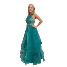 Teal/Green Beaded Long Prom Pageant Gown Luxury Rhinestone