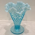Fenton Blue Opalescent Hobnail  Ruffle Top Cone Vase.