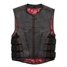 Men's Black Leather Motorcycle Biker Club Vest W Side Straps Red Paisley Lining