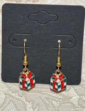 Christmas Presents Holiday Gold Loop Enamel Drop Dangle Adorable Earring Set