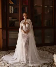 Applique Lace Wedding Dress With Cape Mermaid Bridal Gown Illusion Zipper Back